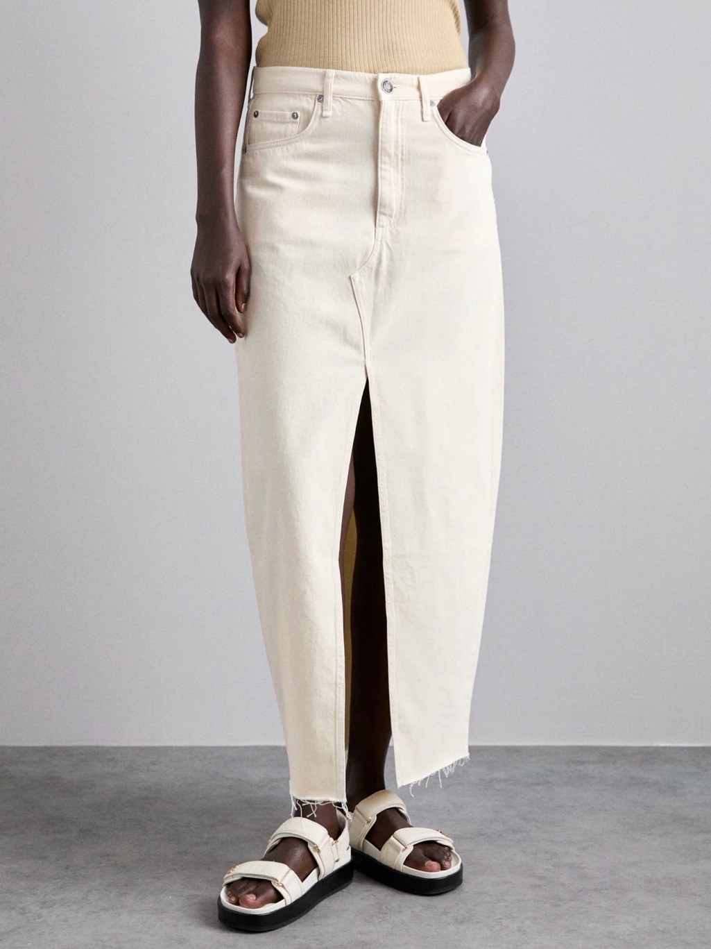 Rag & Bone Cream Natural Denim Maxi Skirt Size 29 Raw Hem Slit